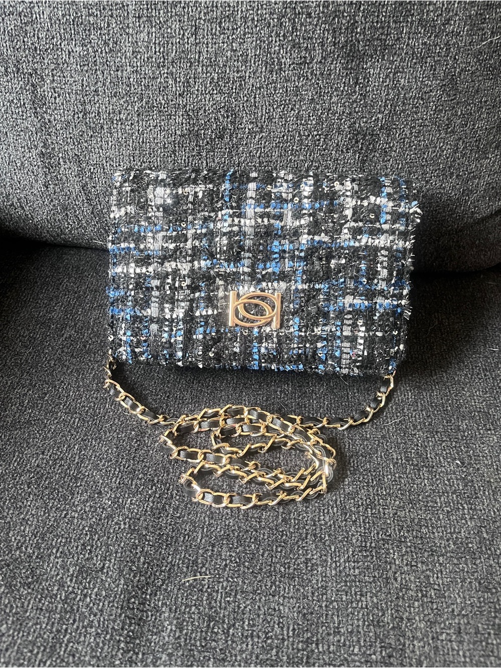 Bebe Tweed Chain Shoulder Bag in Black & Blue